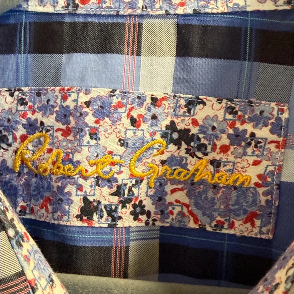 Robert Graham Blue White Plaid Button Down Cuff and Collar Accents Shirt 2 XLT